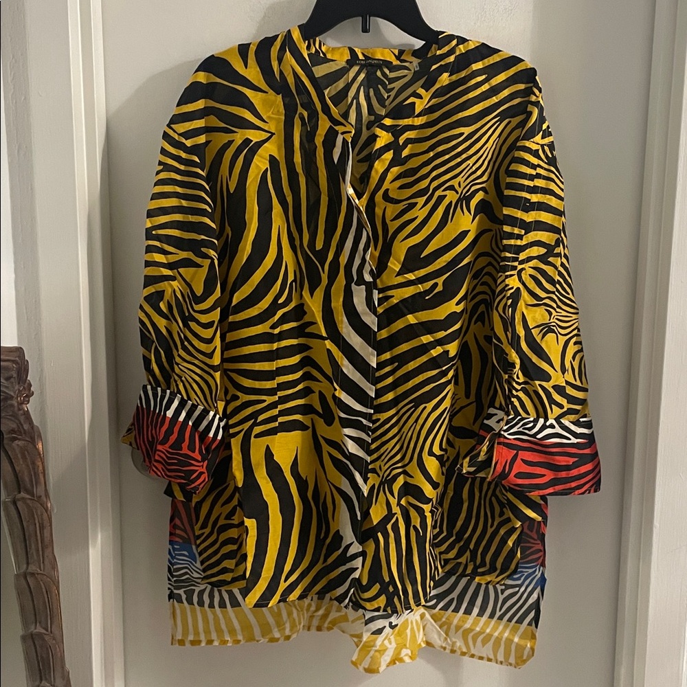 KOBI HALPERIN XL Yellow Cotton silk Zebra Print Hidden button hi-low Blouse